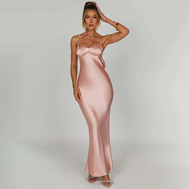 Hanging Neck Sexy Open Back Slim Fit Wrapped Hip Women's Dress - kmtell.com