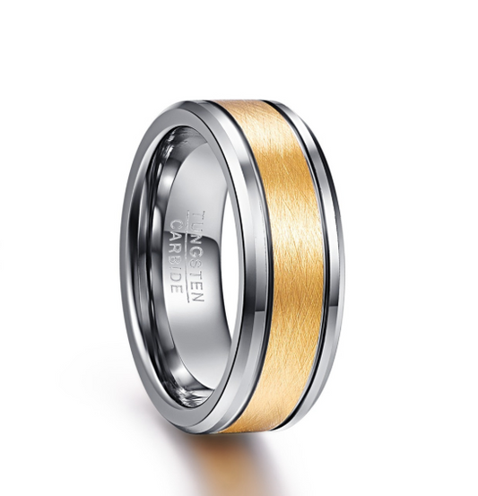 Men's 8mm Gold Color Brushed Center Two Grooves Tungsten Carbide Wedding Band Rings Beveled Edge - kmtell.com