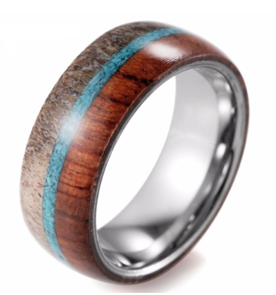 Tungsten ring with wood inlays and wild antlers for 8mm man with dome by SHARDON - kmtell.com