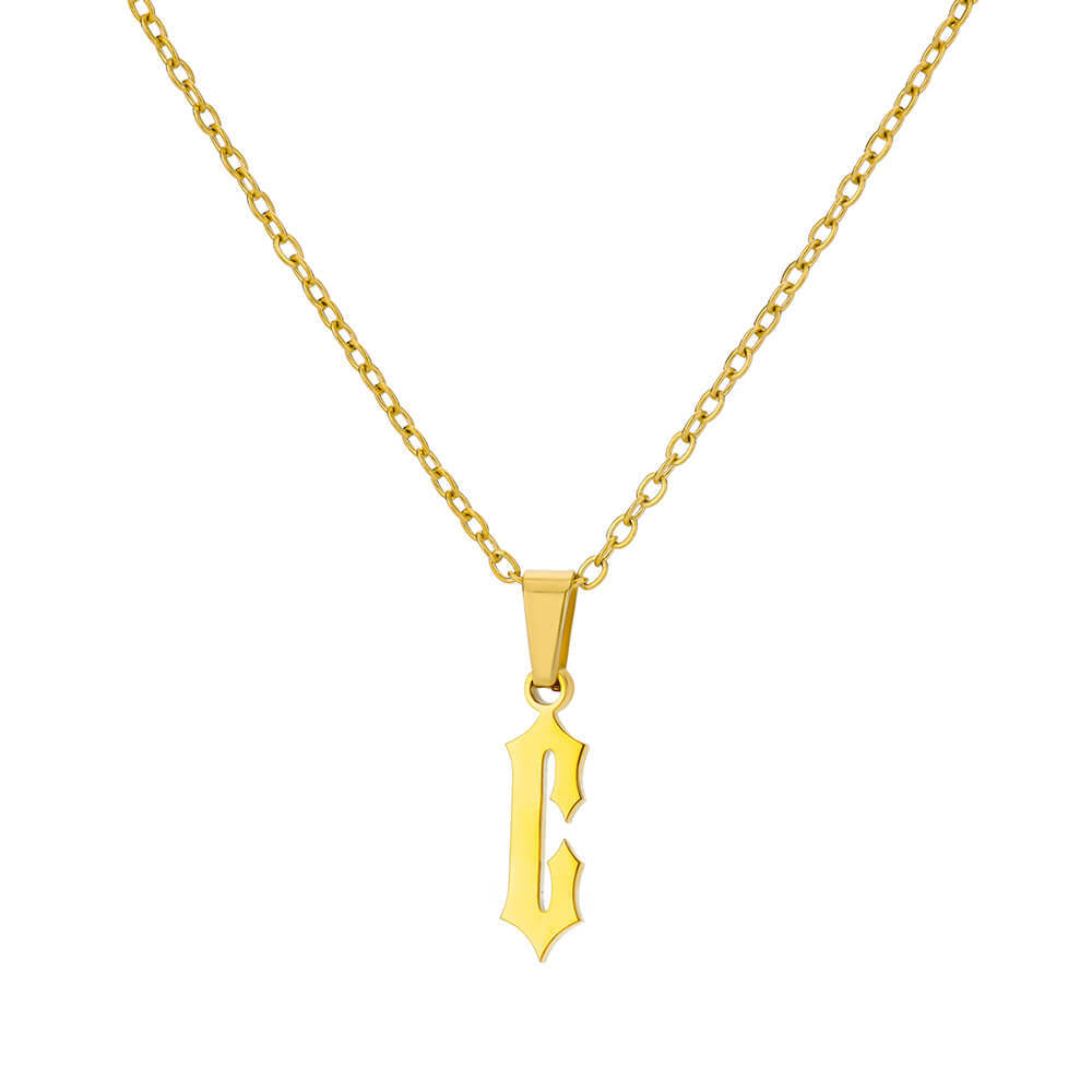 18K Gold Plating Stainless Steel Ancient English Letter Pendant Necklace - kmtell.com