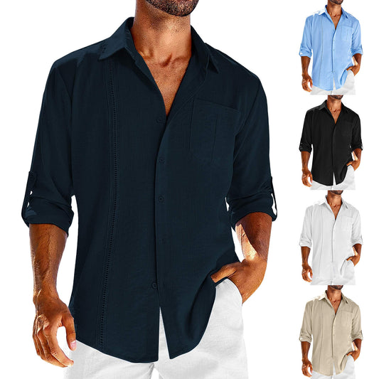 Casual Lace Polo Collar Solid Color Long Sleeve Button Men's Shirt - kmtell.com