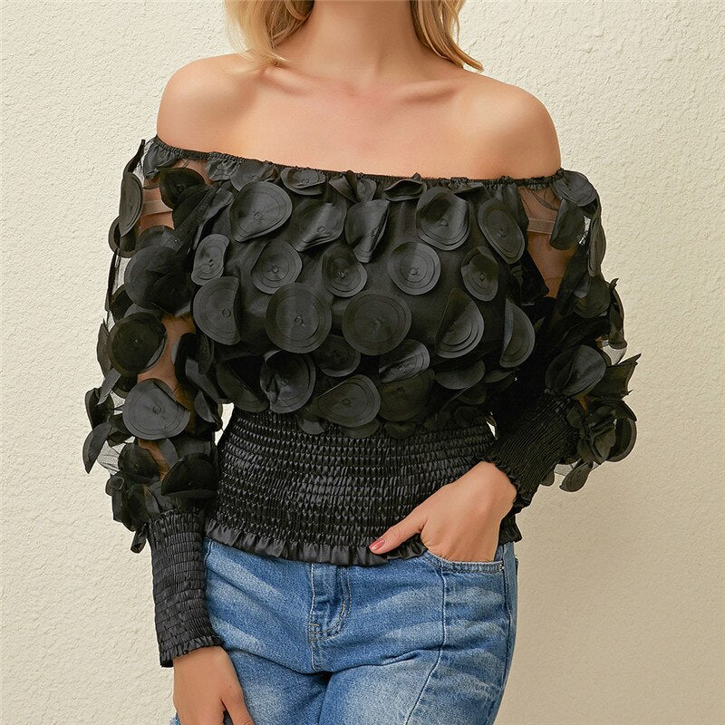 Sexy Off Shoulder Womens Tops And Blouses 2020 Mesh Sheer Puff Sleeve Tops Summer 3D Flower Vintage White Women Shirt Blouse - kmtell.com