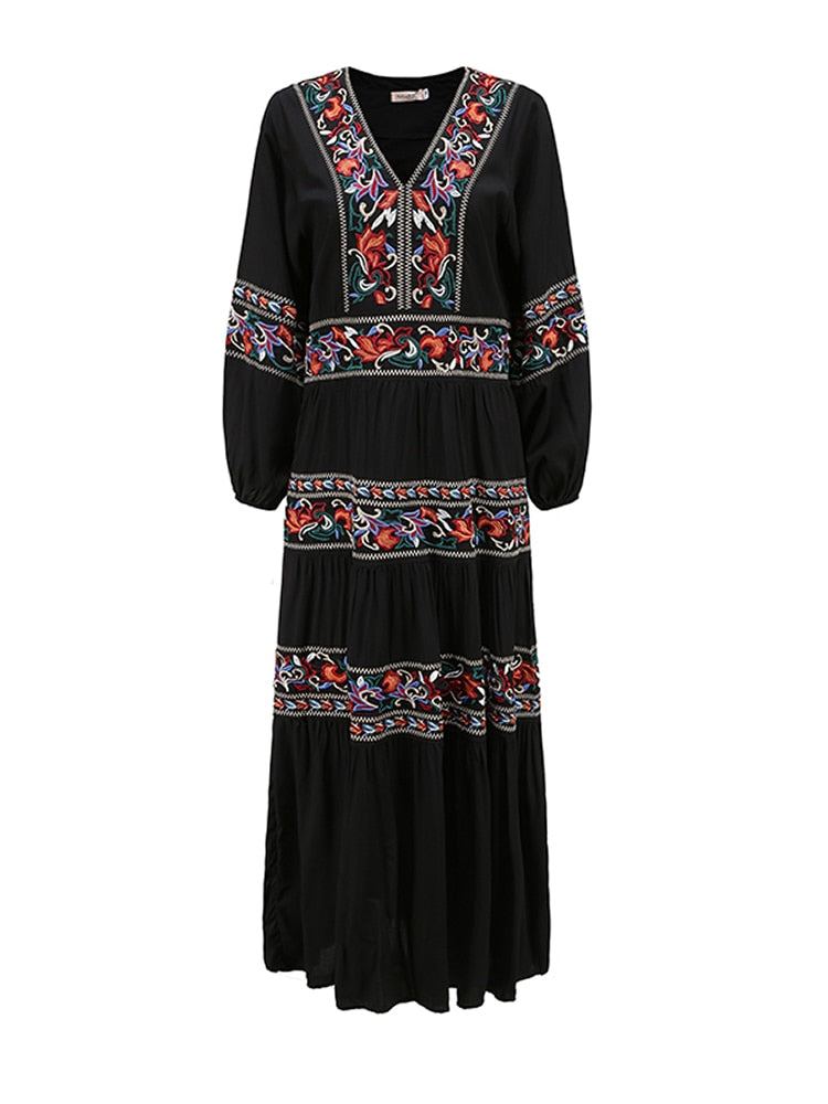 Summer Bohemian Travel Holiday Wind Beach Dress Ethnic Wind Retro Heavy Industry Flowers Embroidered Cotton Long Style Dress - kmtell.com