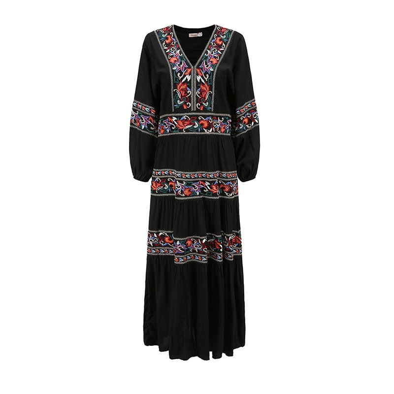 Summer Bohemian Travel Holiday Wind Beach Dress Ethnic Wind Retro Heavy Industry Flowers Embroidered Cotton Long Style Dress - kmtell.com