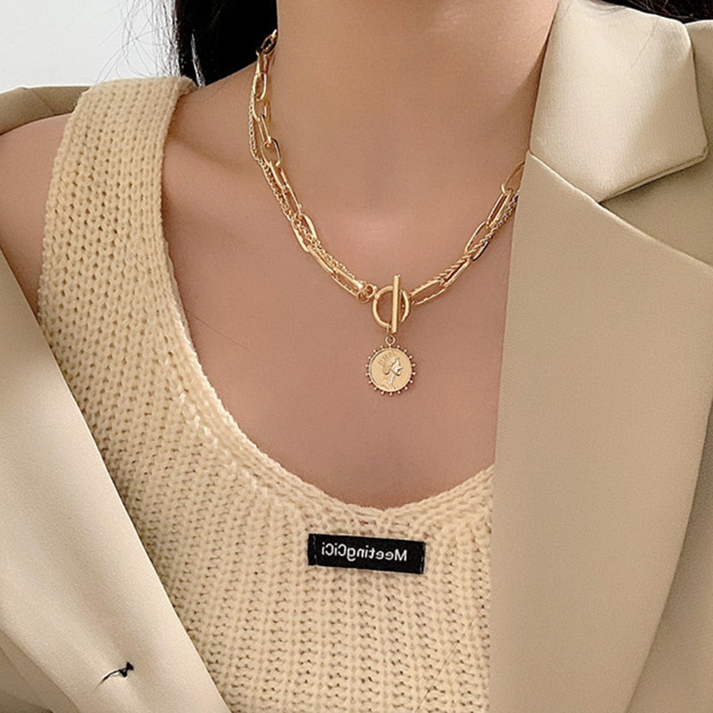 WUKALO Punk Vintage Portrait Coin Pendant Necklace For Women Hip Hop Gold Color Multilayer Chunky Chain Necklace Fashion Jewelry - kmtell.com