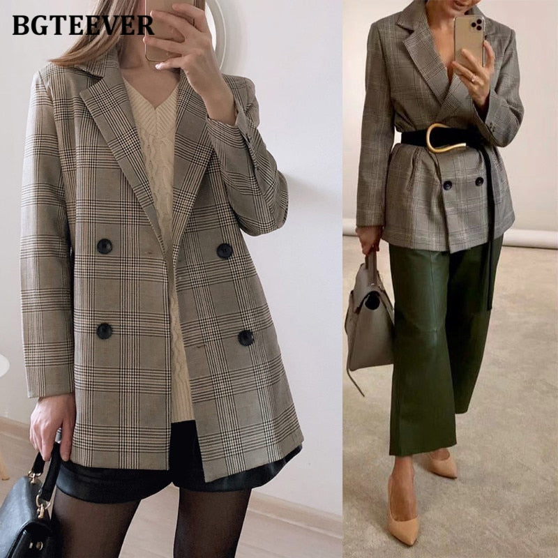 Office Ladies Notched Collar Plaid Women Blazer Double Breasted Autumn Jacket 2021 Casual Pockets Female Suits Coat - kmtell.com