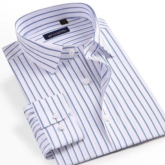 Men's Classic-collar Non-iron Striped Dress Shirt Pocketless Comfortable 100% Cotton Standard-fit Long Sleeve Office Shirts