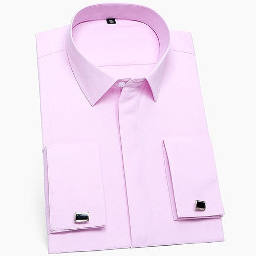 Men's Classic French Cuffs Solid Dress Shirt Covered Placket Formal Business Standard-fit Long Sleeve Office Work White Shirts - kmtell.com