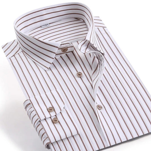 Men's Non Iron Striped Dress Shirt High Quality Business Formal Long Sleeve Wrinkle-Resistant Cotton Shirts Casual Social Tops