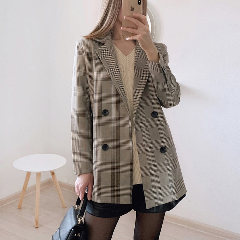 Office Ladies Notched Collar Plaid Women Blazer Double Breasted Autumn Jacket 2021 Casual Pockets Female Suits Coat - kmtell.com
