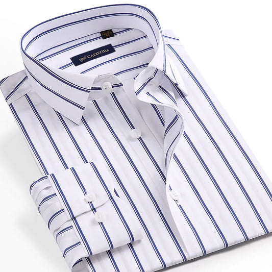 Men's Non-iron Long Sleeve Classic-collar Striped Dress Shirt Pocketless Design Comfortable Standard-fit Business Office Shirts