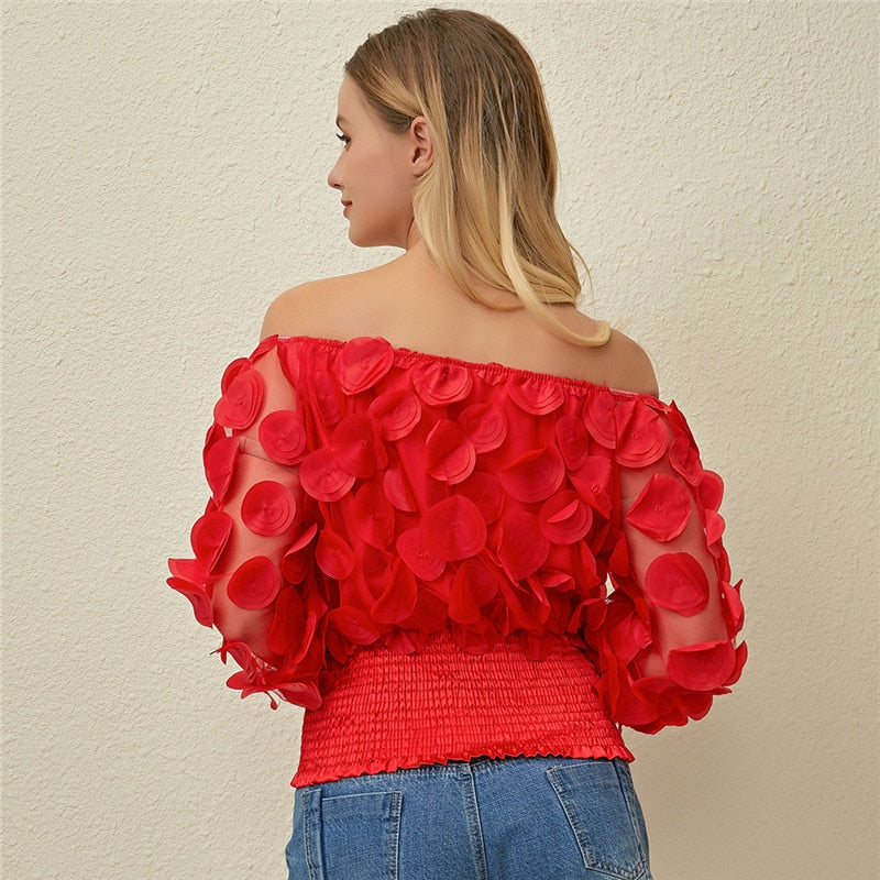 Sexy Off Shoulder Womens Tops And Blouses 2020 Mesh Sheer Puff Sleeve Tops Summer 3D Flower Vintage White Women Shirt Blouse - kmtell.com