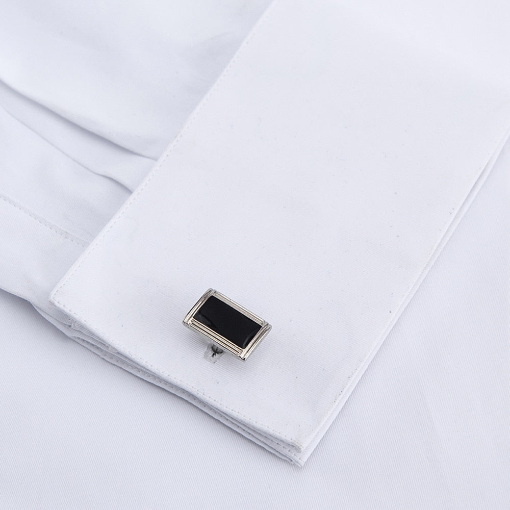 Men's Classic French Cuffs Solid Dress Shirt Covered Placket Formal Business Standard-fit Long Sleeve Office Work White Shirts - kmtell.com