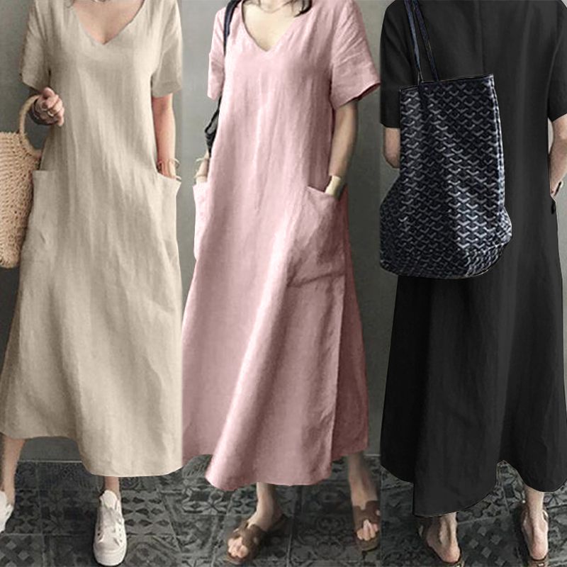 Plus Size Women Shirt Dress Vintage Casual Cotton Linen Midi Dress Kaftan 2021 Summer Sundress Tunic Vestidos V Neck Robe Femme - kmtell.com