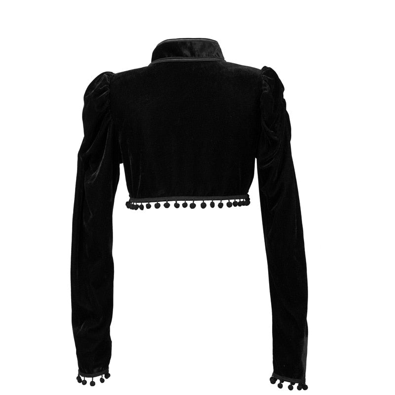 Black Velvet Short Steampunk Crop Jacket Stand Long Sleeve Autumn Women Gothic Bolero Victorian Coat Vintage Corset Accessories - kmtell.com