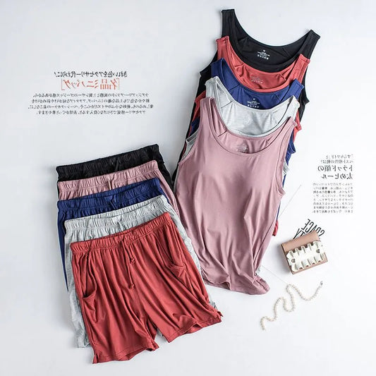 Camisole Homewear Set Pajama Summer New WOMEN'S Modal Pajamas Two-piece Vest + Shorts with Chest Pad Lingerie Seamless Cup 2023