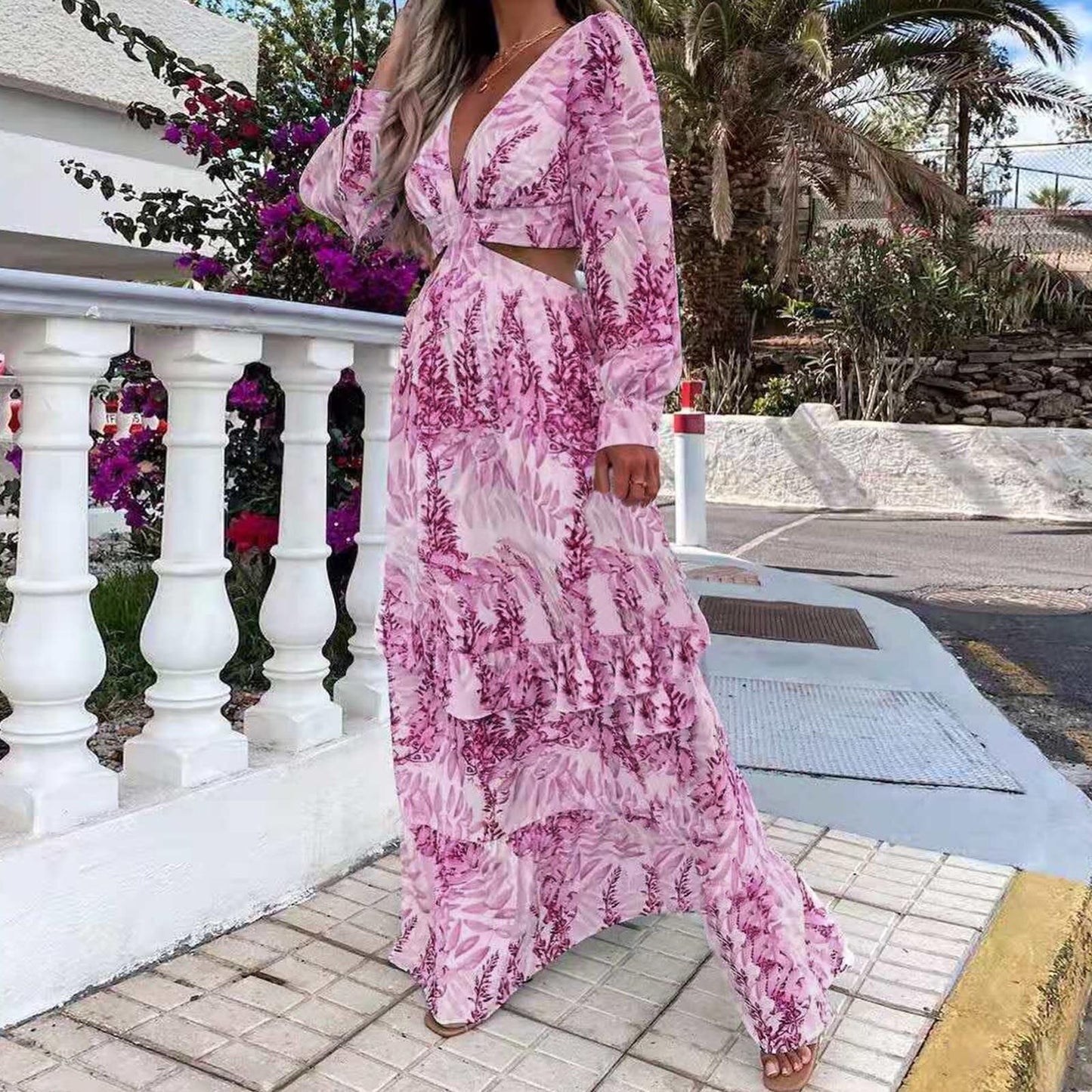 Women Tunic Beach Cover Up 2023 Summer Sexy V-Neck Backless Hollow Out Lantern Sleeve Maxi Dress Female Club Party Boho Dresses - kmtell.com
