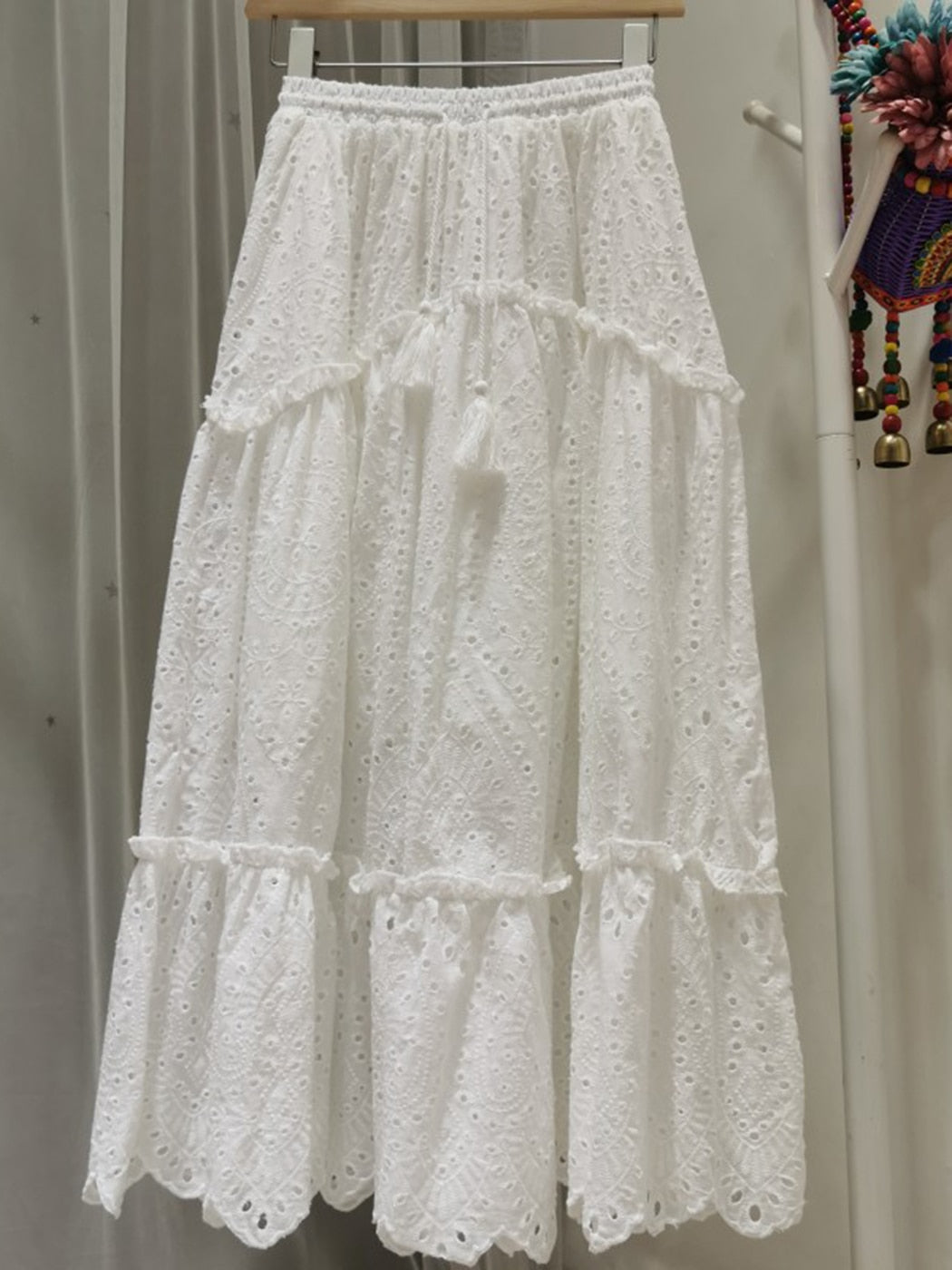 Jastie Boho Elegant White Long Skirt Women Hook Flower Hollow Folds Hem High-waisted Skirts Casual Holiday Female Clothes 2022 - kmtell.com