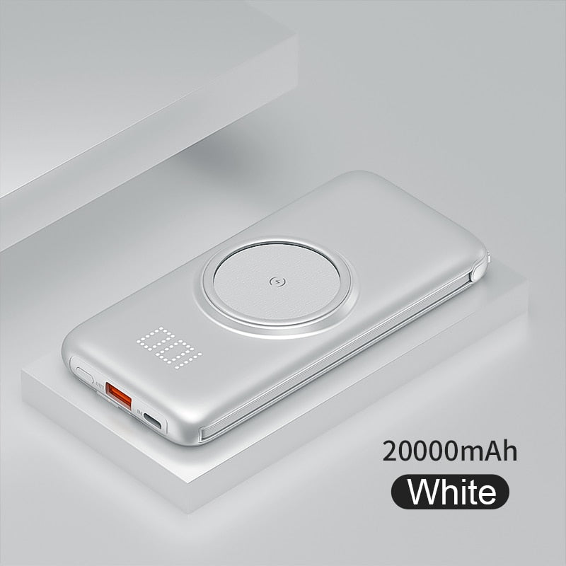PINZHENG 20000mAh Wireless Charger Power Bank Built-in 4 Cables 10000mAh Powerbank Portable External Battery Charger For iPhone - kmtell.com
