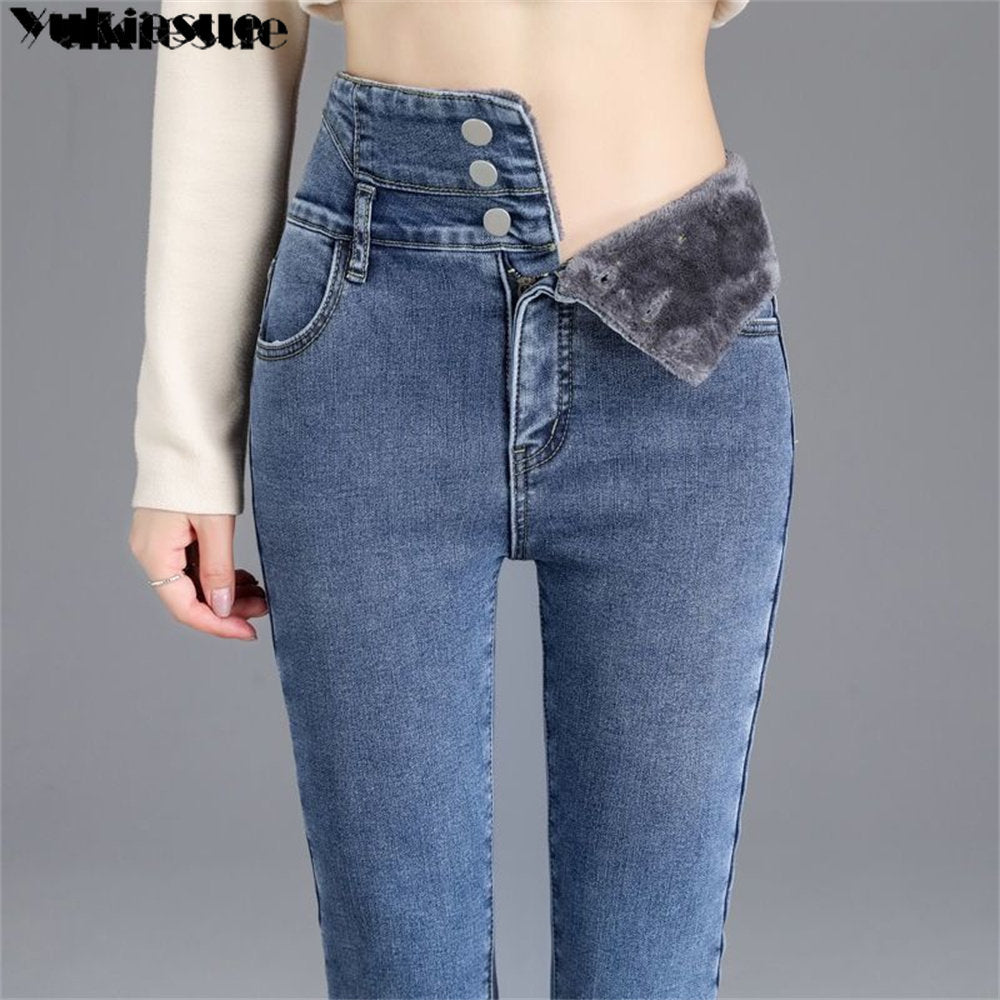 Warm Pants for Women Harem Mom Jeans High Waist Denim Streetwear 2022 Korean Fashion Autumn Winter Fleece Womens Jeans