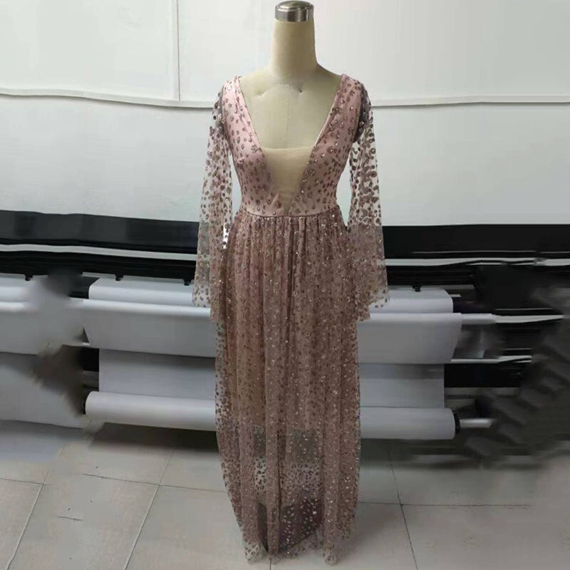 Cutubly Summer Dresses 2023 Women&#39;s New Dress Long Sleeve Deep V Maxi Skirt Gold Shower Skirts Clothing Robe Outfits Slim Party - kmtell.com