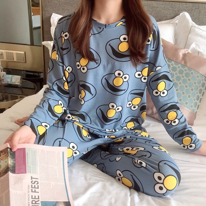 Spring Thin 2pieces Pyjamas Set Women Tops 2022 Cotton Round Neck Girls Pajamas Sets Teacup Cat Sleepwear Clothes Pijamas Mujer - kmtell.com