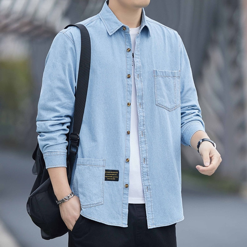2023 Spring New Men&#39;s Long Sleeve Denim Shirts Autumn Korean Trend 100% Cotton Loose Casual Shirt Male Classic Thin Jean Jacket