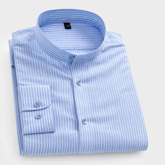New Soft Mandarin Collar Men's Striped Shirts For Business Social Long Sleeve Regular Fit Man Dress Shirt without Chest Pocket