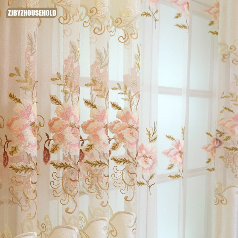 Curtains for Living Dining Room Bedroom New Style European Curtain Flower Yarn Jacquard Fabric Product Customization Window - kmtell.com