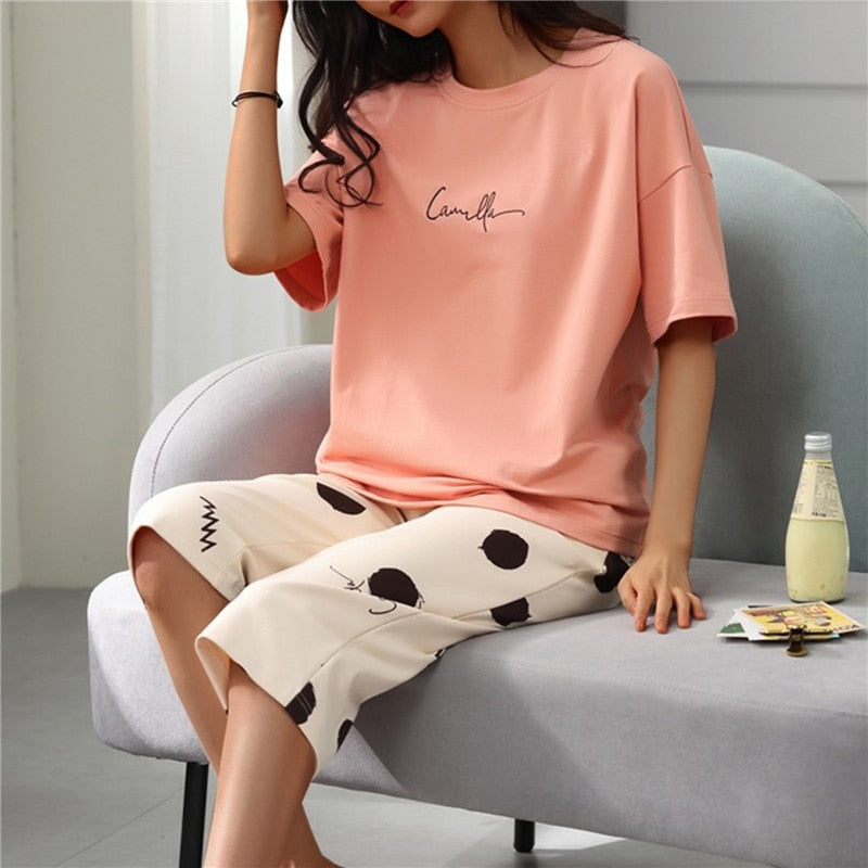 Summer Capris Plaid Women Sleep Lounge Pajama Short-Sleeved Pajama Sets Cartoon Pyjamas Polyester Sleepwear 2XL Home Fashion - kmtell.com