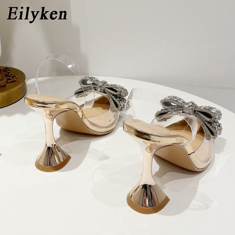 Eilyken Fashion Crystal Sequined Bowknot Women Pumps Sexy Pointed Toe High Heels PVC Transparent Sandals Wedding Prom Shoes - kmtell.com