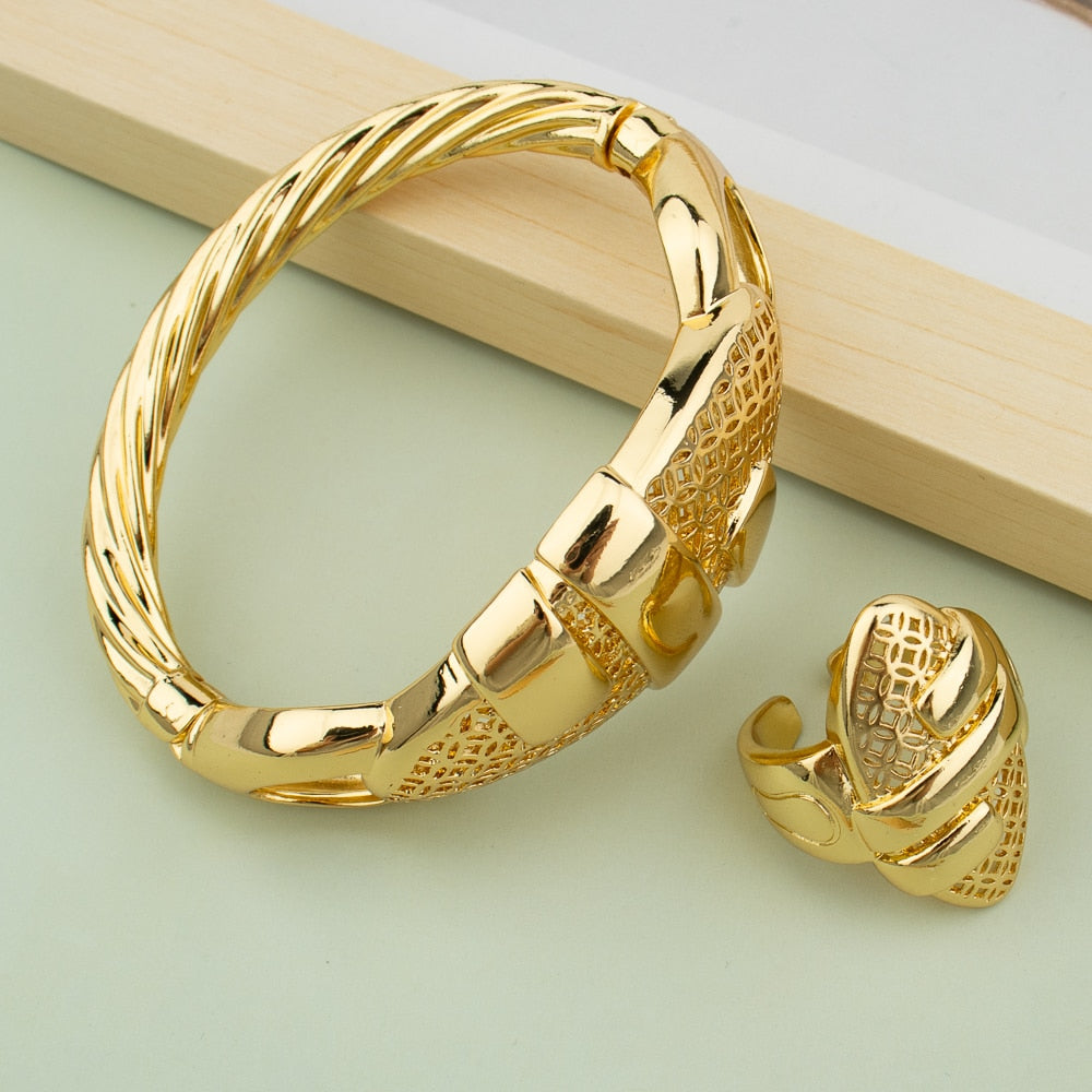 Cuff Bangle With Ring For Women 18K Gold Plated Bracelet Jewelry Nigerian Wedding Party Gift Dubai Hollow Out Design Bracelet - kmtell.com
