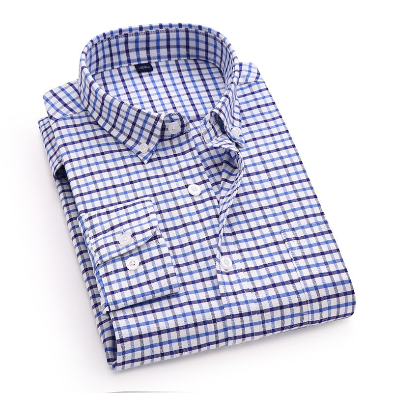 Men&#39;s Plaid Long Sleeve Shirts Oxford Cotton Chest Singl Pocket Standard Fit Spring Autumn Comfortable Breathable Casual Shirt - kmtell.com