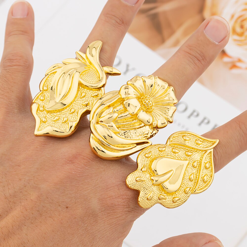 African 18k Gold Color Jewelry 3Pcs/Set Personalized Design Large Finger Ring for Party Gifts Weddings Bridal Adjustable Rings - kmtell.com