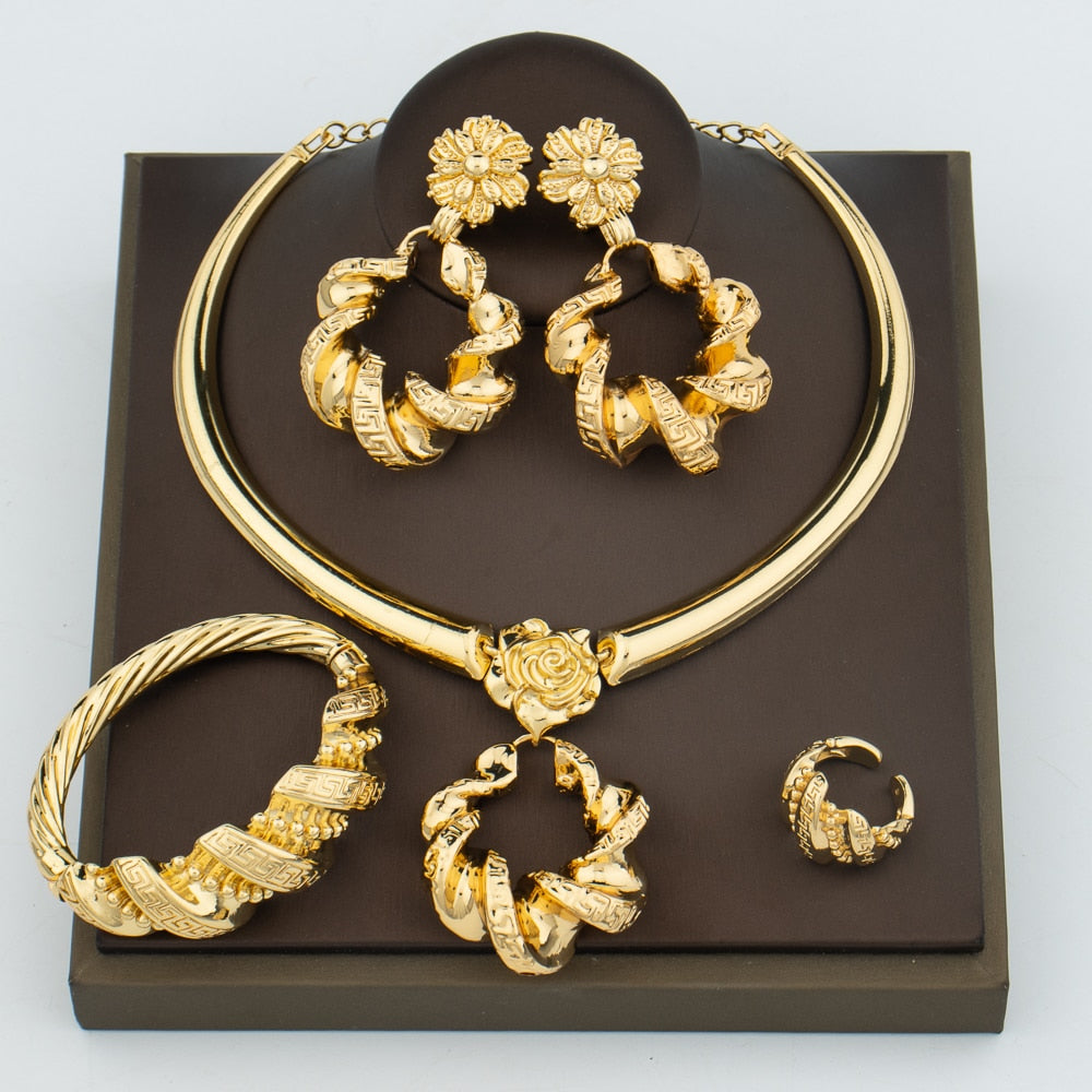 Trend Jewelry Set Women African Dubai Gold Color Hoop Earrings and Necklace for Bridal Weddings Bracelet Ring Set Party Gifts - kmtell.com