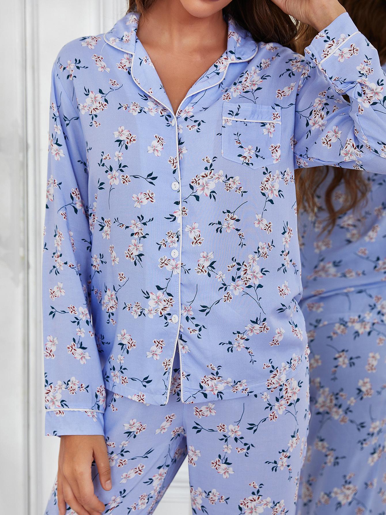 Floral Print Blue Pajama Set For Women Cotton Long Sleeve Button Down Lounge Nightwear Full-Length Bottom Notched Collar Suit - kmtell.com