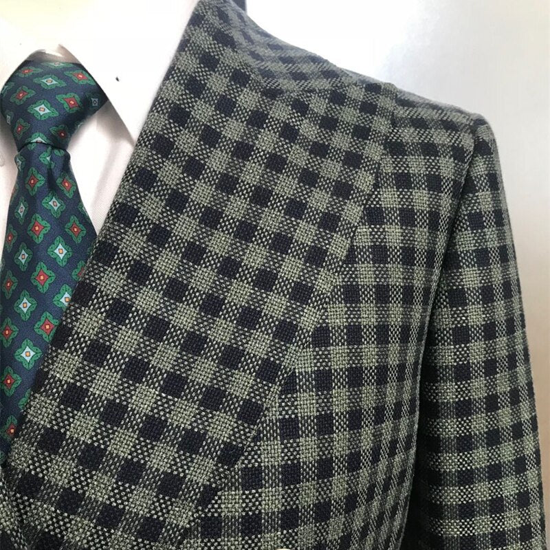 Suit Men Custom Made 100% Wool SUPER 140s Business Suits Double breast buttons Bespoke Tailore Casual Suit Green Plaid Suits men - kmtell.com