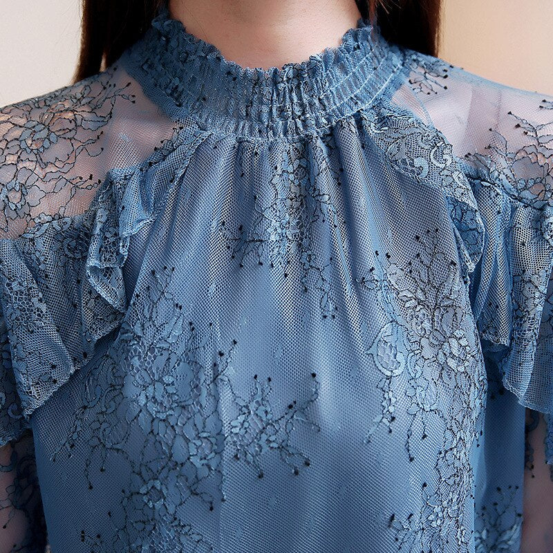 ruffles Lace Blouse 2022 long sleeve hollow out Elegant Casual Printed Women Tops Fashion Perspective Chiffon shirt clothe - kmtell.com