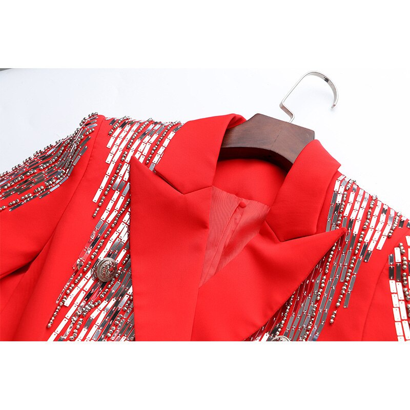 Cutubly Sequin Bead Metal Luxury Lapel Elegant Red Performance Activity Overcoat New Blazer Coat Jacket Cardigan Female Club - kmtell.com
