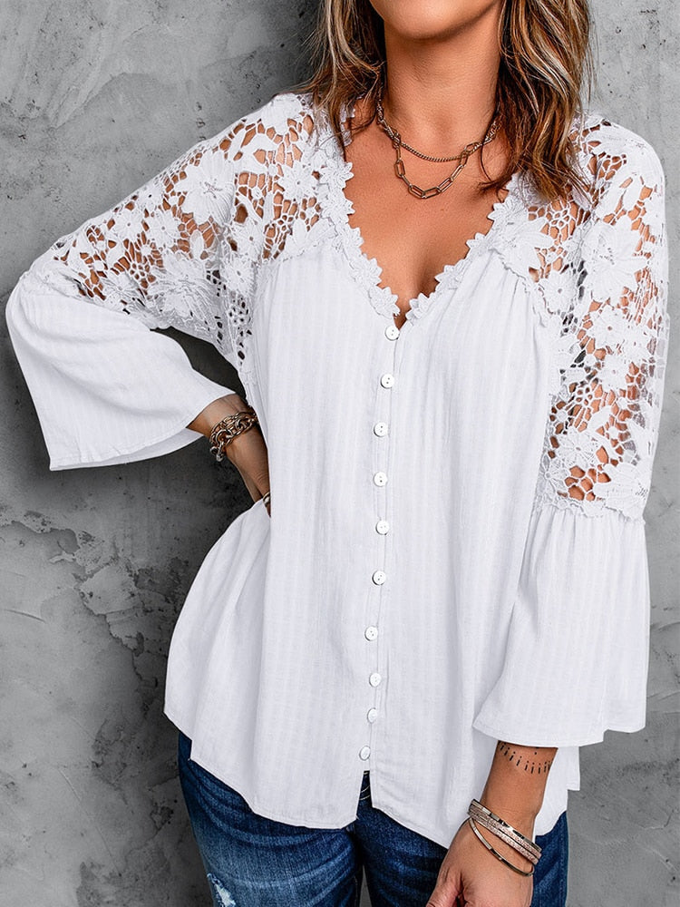 Elegant  summer Top female blouse women shirts white Women&#39;sshirts and Blouses tops flare Long sleeve hollow out woman blouse