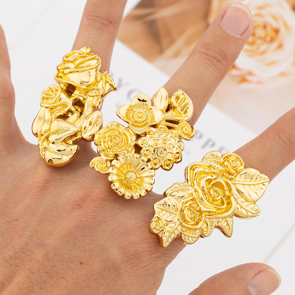 African 18k Gold Color Jewelry 3Pcs/Set Personalized Design Large Finger Ring for Party Gifts Weddings Bridal Adjustable Rings - kmtell.com