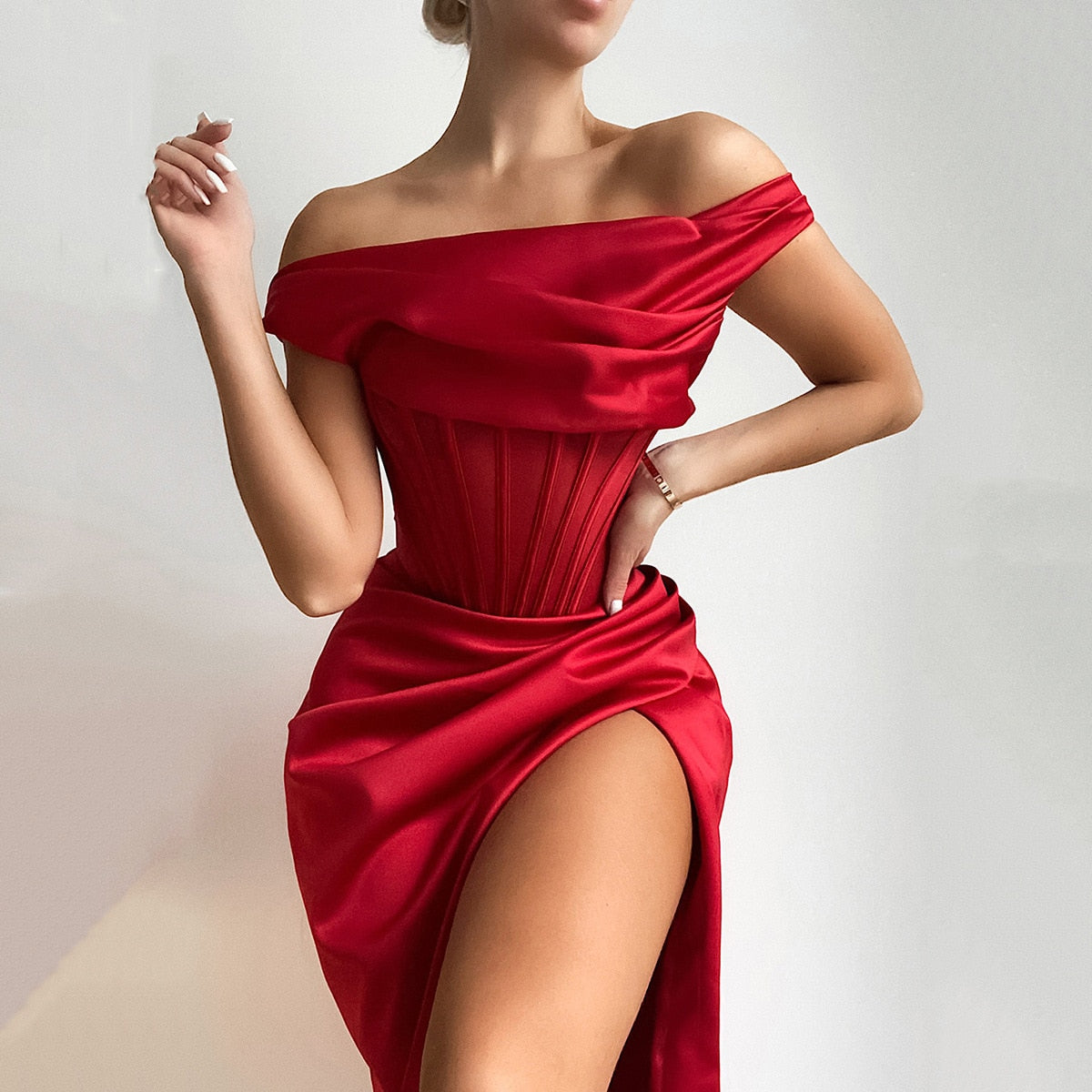 High Quality Satin Bodycon Dress Elegant Women Party Dress 2021 Red Off The Shoulder Sexy Dress Celebrity Evening Night Dresses - kmtell.com