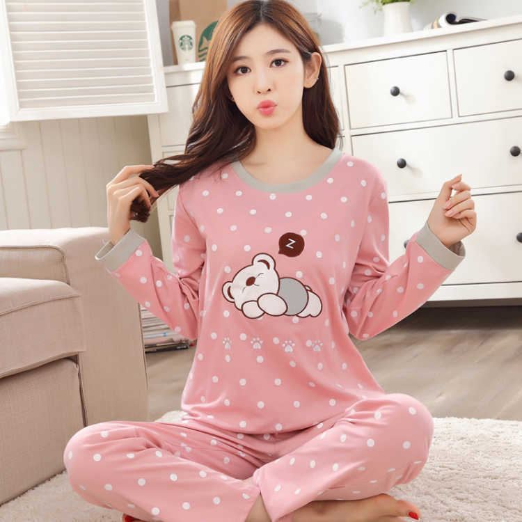 Spring Thin 2pieces Pyjamas Set Women Tops 2022 Cotton Round Neck Girls Pajamas Sets Teacup Cat Sleepwear Clothes Pijamas Mujer - kmtell.com