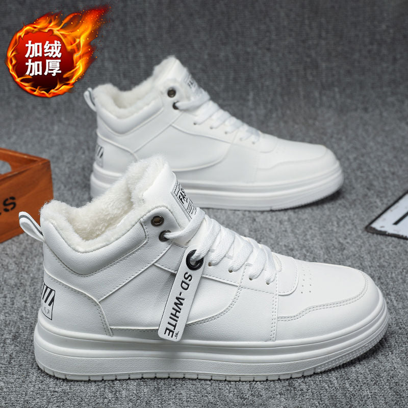 High Top White Leather Shoe For Men Winter Plain Ankle Boots Male Waterproof Sneakers Trainers Man Booties 2023 New Casual Shoes - kmtell.com