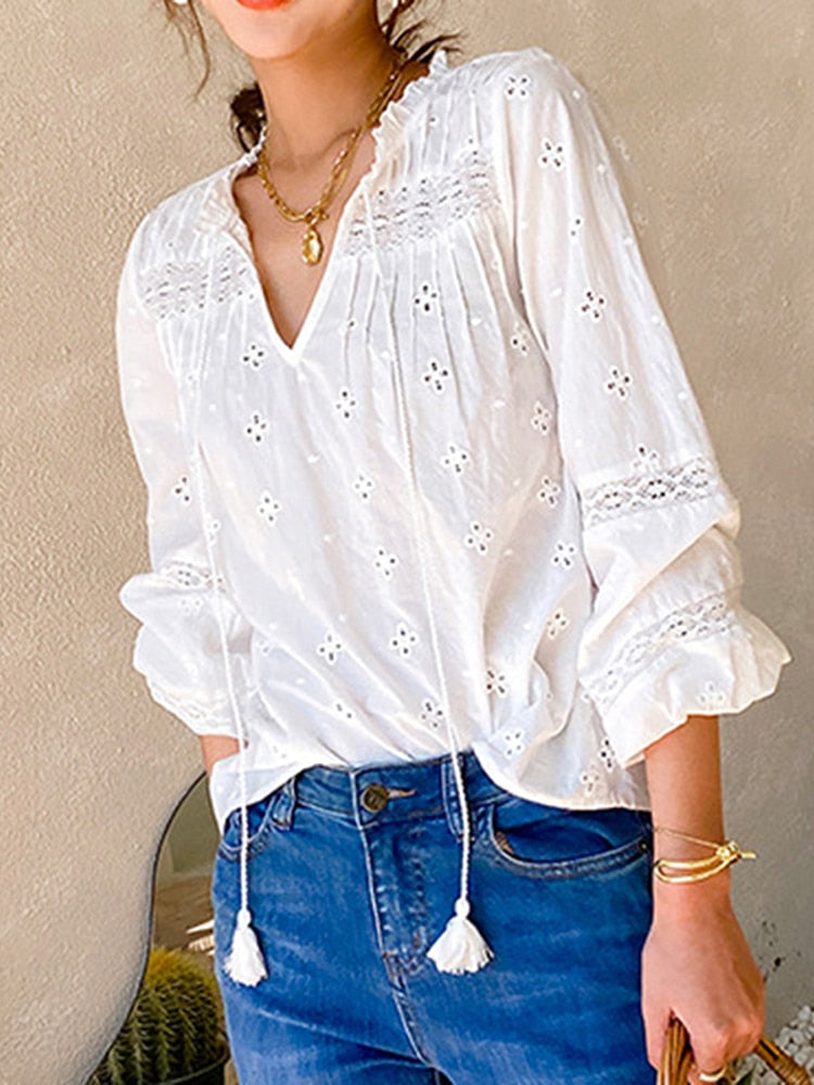 Jastie 2022 Spring Summer Ruffled Embroidery Blouses V-Neck Long-sleeve French Blouse V-neck Boho White Lady Shirts Blusas - kmtell.com