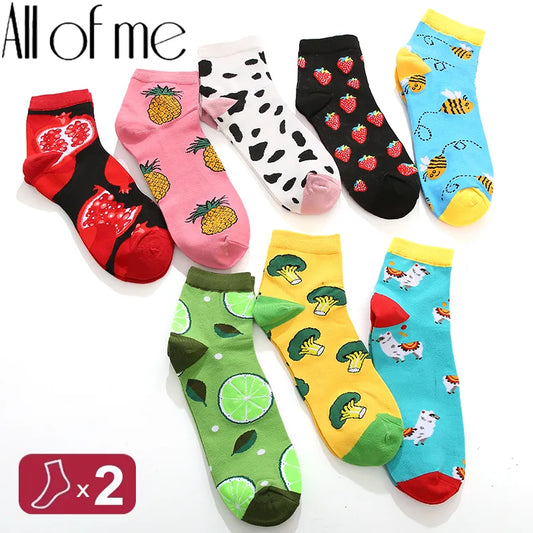 2PRS/Set Women Harajuku Socks Warm Female Elastic Socks Unisex Animals Fruit Bright Colorful Patchwork Sox Girls Boy Short Socks