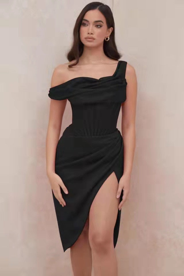 High Quality Satin Bodycon Dress Elegant Women Party Dress 2021 Red Off The Shoulder Sexy Dress Celebrity Evening Night Dresses - kmtell.com