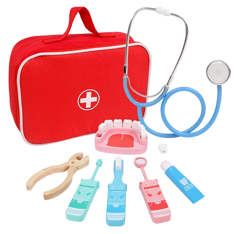 Doctor Toys for Children Set Kids Wooden Pretend Play Kit Games for Girls Boys Red Medical Dentist Medicine Box Cloth Bags - kmtell.com