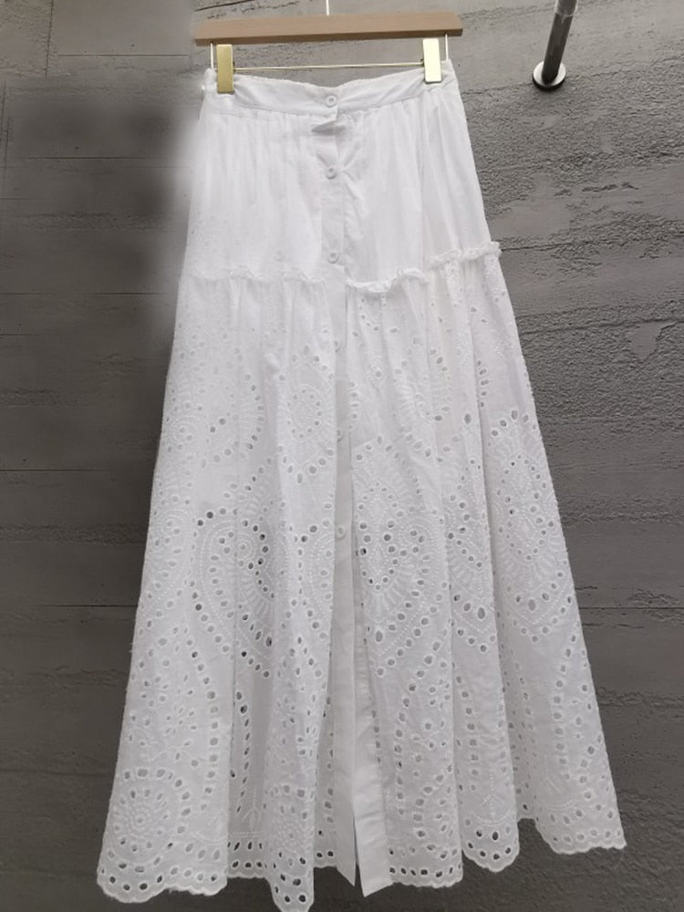 Jastie Boho Elegant White Long Skirt Women Hook Flower Hollow Folds Hem High-waisted Skirts Casual Holiday Female Clothes 2022 - kmtell.com