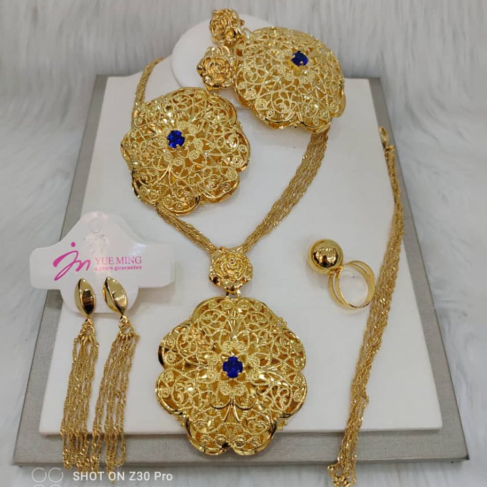 Dubai Gold Plated Jewelry Set for Women Luxury Big Flower Pendant Necklace and Earrings Weddings Gifts for Bridal Accessory - kmtell.com